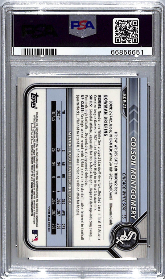 2022 Bowman Chrome  Colson Montgomery #BCP71 CHR. Pros Blue Raywave  PSA 10