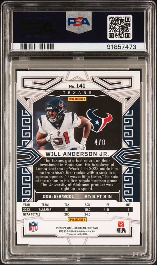 2023  Obsidian #141 Will Anderson Jr. Electric Etch Red /10 PSA 9 Color Match!!