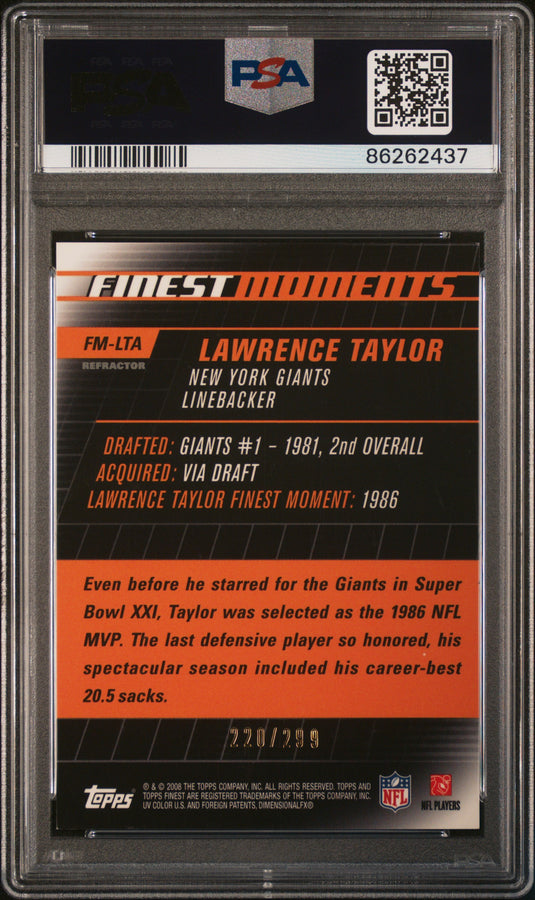 2008 Finest Moments #FM-LTA Lawrence Taylor Blue Refractor PSA 8