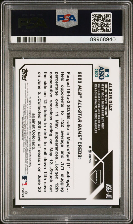 2023 Topps Chrome Update 2023 All-Star Game Autograph #AD Alexis Diaz PSA 10
