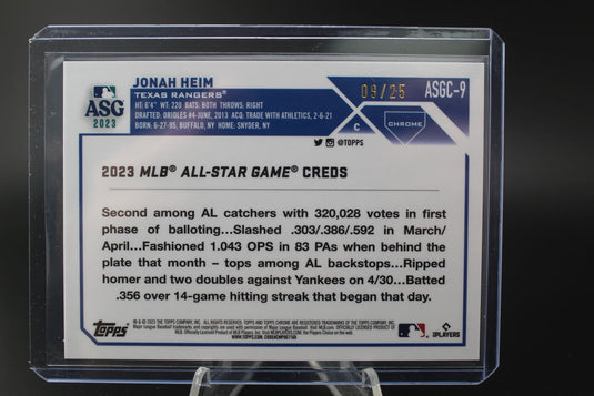 2023 Topps Chrome Update #ASGC-9 Jonah Heim 2023 All-Star Game Orange #/25