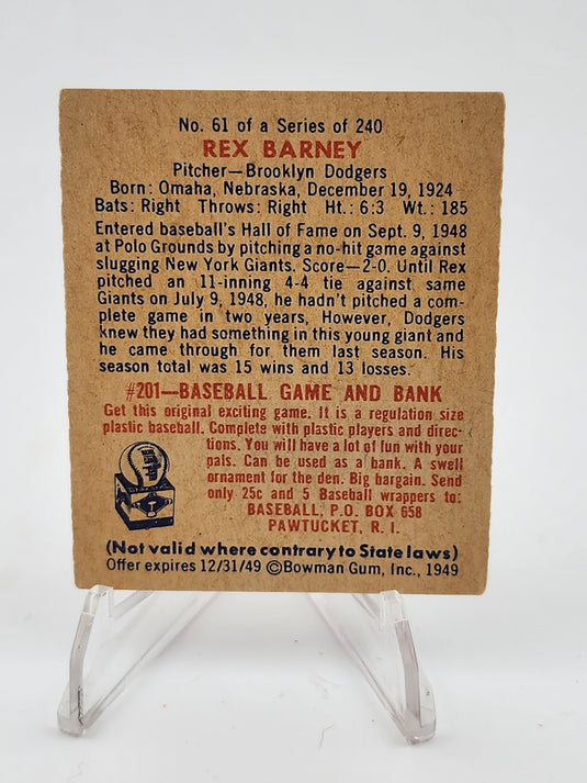 1949 Bowman Rex Barney #61