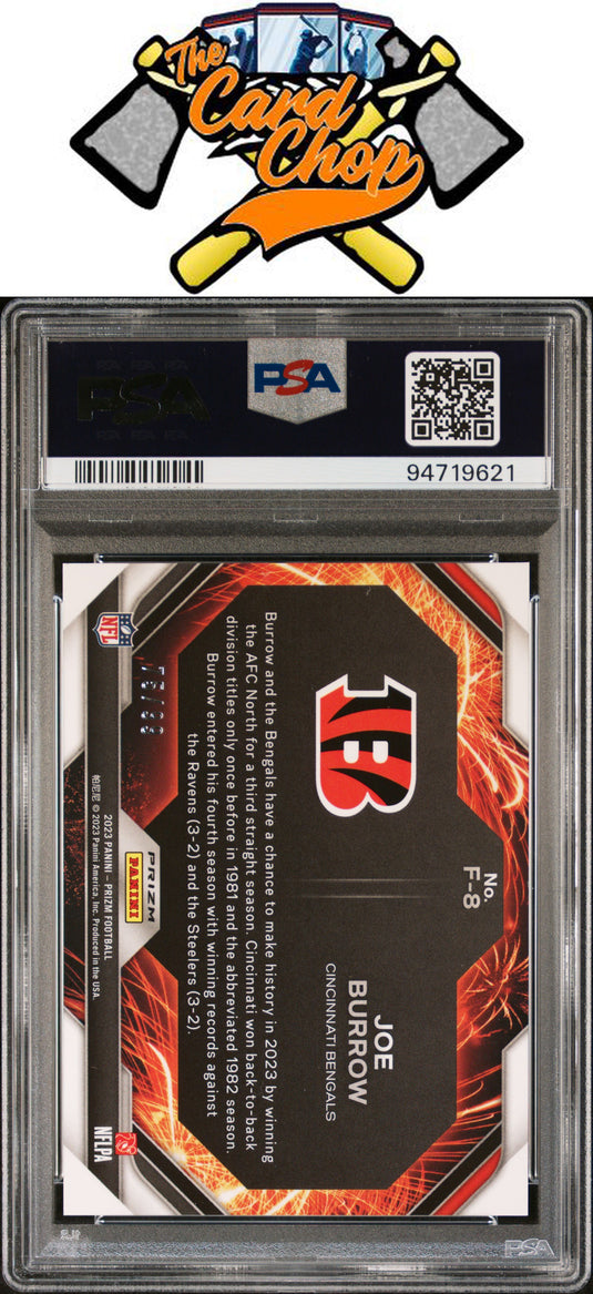 2023 Panini Prizm Fireworks #F8 Joe Burrow Fireworks-Blue Ice PSA 10