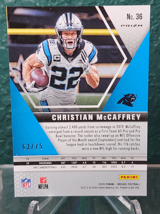 2020 Panini Mosaic #36 Christian McCaffrey No Huddle Prizm Blue #/75