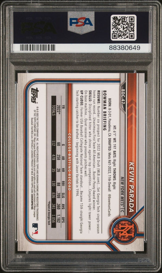 2022 Bowman  Sapphire Edition #BDC47 Kevin Parada Green /50 PSA 10