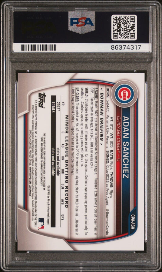 2023 Bowman Chrome Prospect Auto #CPAASA Adan Sanchez /150 PSA 10