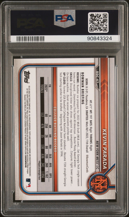 2022 Bowman Draft Chrome Sapphire  #BDC47 Kevin Parada Orange /25 PSA 9