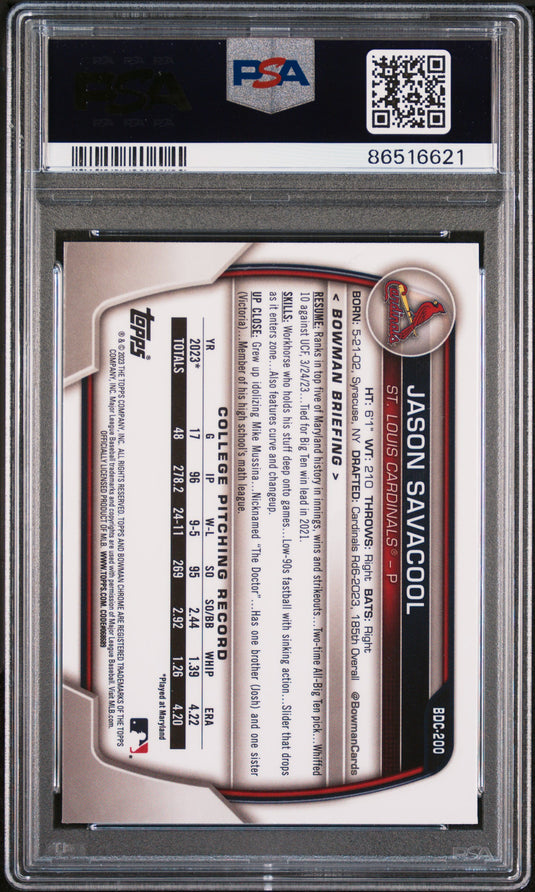 2023 Bowman Draft #BDC200 Jason Savacool Chr-Yellow Lunar Crater PSA 10