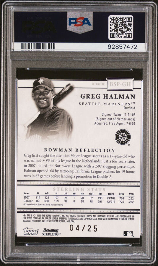 2008 Bowman Sterling Prospects #BSPGH Greg Halman Pros.Auto-Black Ref. PSA 9