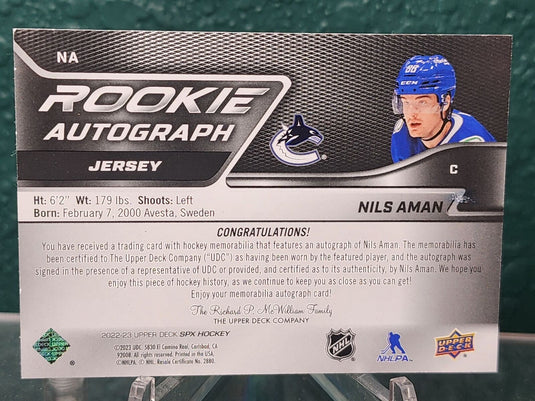 2022-23 SPx #NA Nils Aman Rookie Auto Jersey #/375