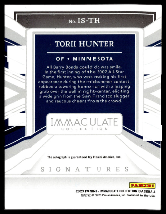 2023  Immaculate Collection #IS-TH Torii Hunter Signatures Holo Gold #/10