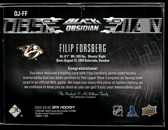 2022-23 SPx #OJ-FF Filip Forsberg UD Black Obsidian Jerseys #/399