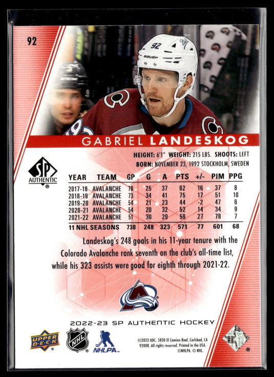 2022-23 SP Authentic #92 Gabriel Landeskog Limited Red