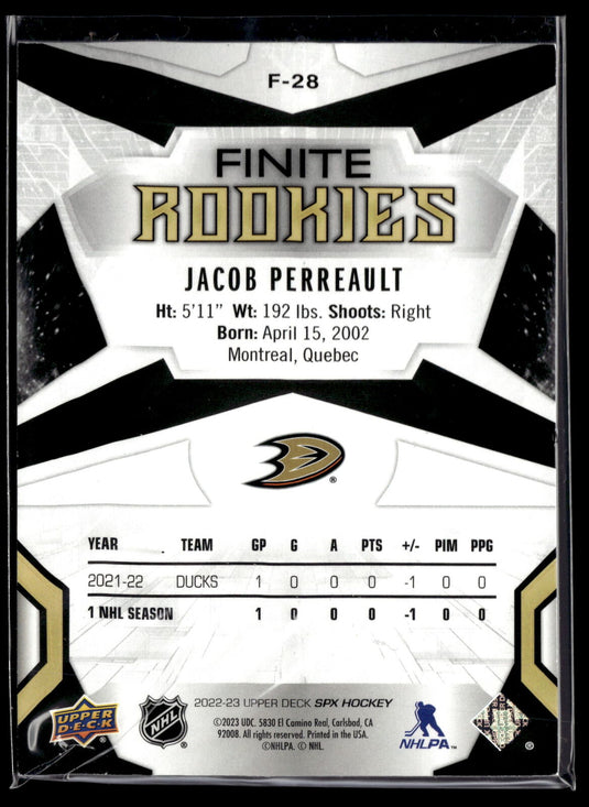 2022-23 SPx #F-28 Jacob Perreault Finite Rookies Gold #/299