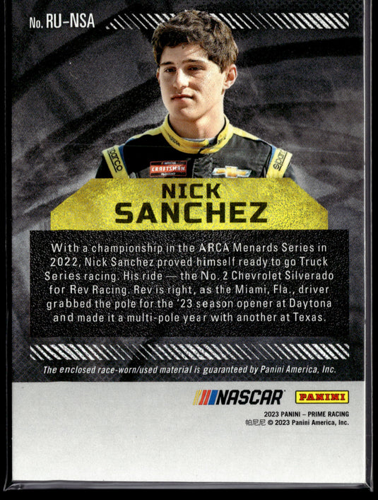 2023 Panini Prime #RU-NSA Nick Sanchez Race Used Sheet Metal #/99