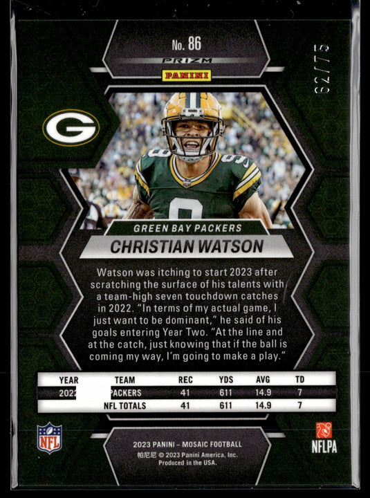 2023 Panini Mosaic #86 Christian Watson Blue No Huddle Mosaic #/75