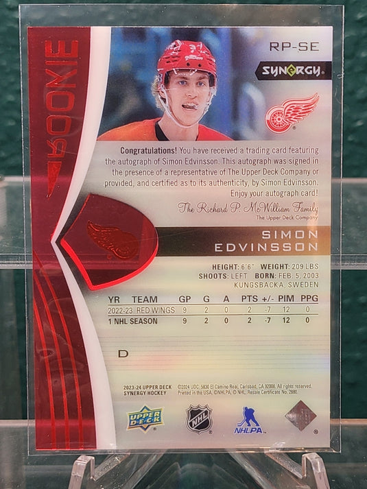 2023-24 Upper Deck Synergy #RP-SE Simon Edvinsson Rookie Portraits Red Auto #/25