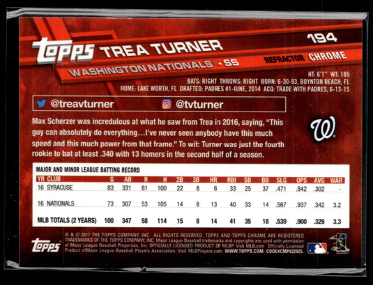 2017 Topps Chrome #194 Trea Turner X-Fractor