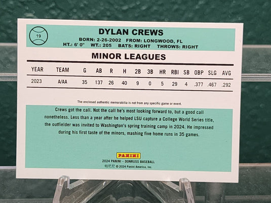 2024 Donruss #19 Dylan Crews Retro 1984 Materials Blue Ice