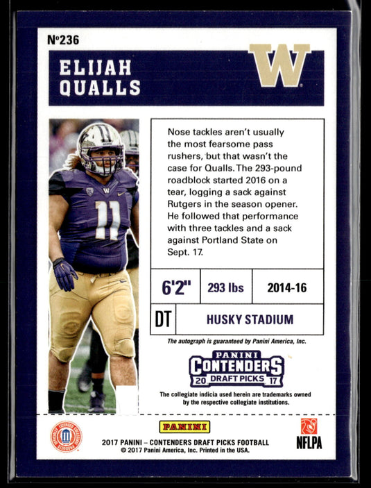 2017 Panini Contenders Draft Picks #236 Elijah Qualls Blue Foil