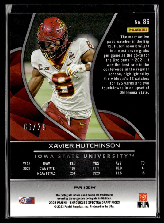 2023 Panini Chronicles Draft Picks #86 Xavier Hutchinson Spectra Neon Pink