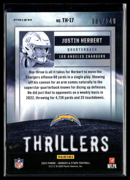 2023 Panini Rookies & Stars #TH-17 Justin Herbert Thrillers White #/149