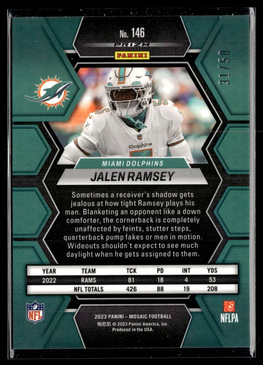 2023 Panini Mosaic #146 Jalen Ramsey Purple No Huddle Mosaic #/50