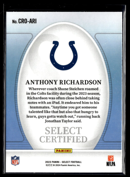 2023 Panini Select #CRO-ARI Anthony Richardson Select Certified Rookies