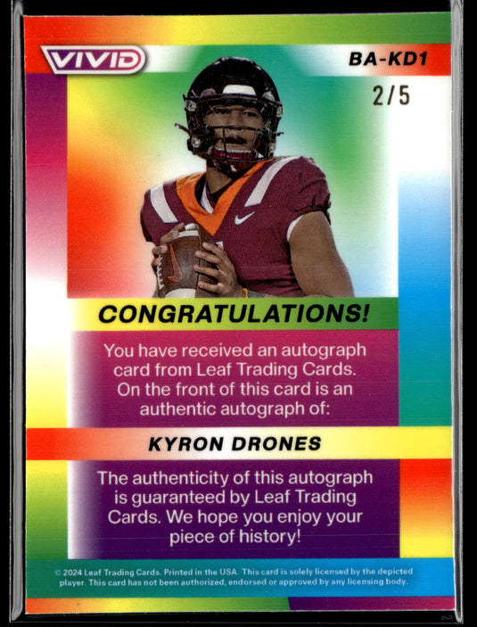 2024 Leaf Vivid - Autographs Mojo Black #BA-KD1 Kyron Drones