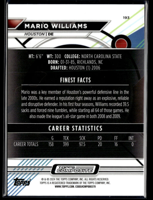 2023 Topps Composite #193 Mario Williams Finest Blue Refractor #/199