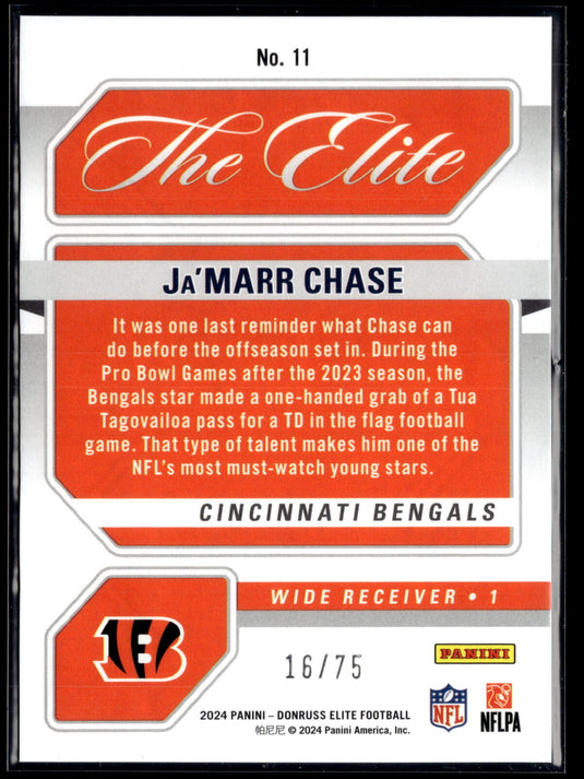 2024 Donruss Elite #11 Ja'Marr Chase The Elite Red #/75