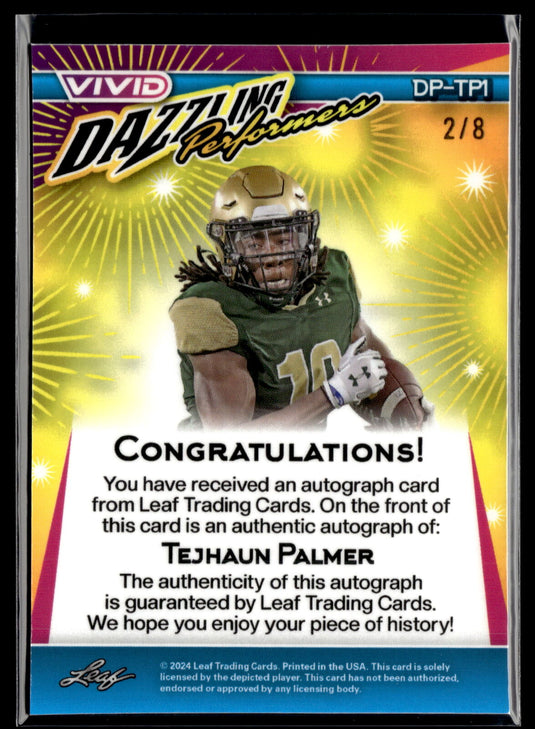 2024 Leaf Vivid Dazzling Performers Auto Prismatic Red #DP-TP1 Tejhaun Palmer /8