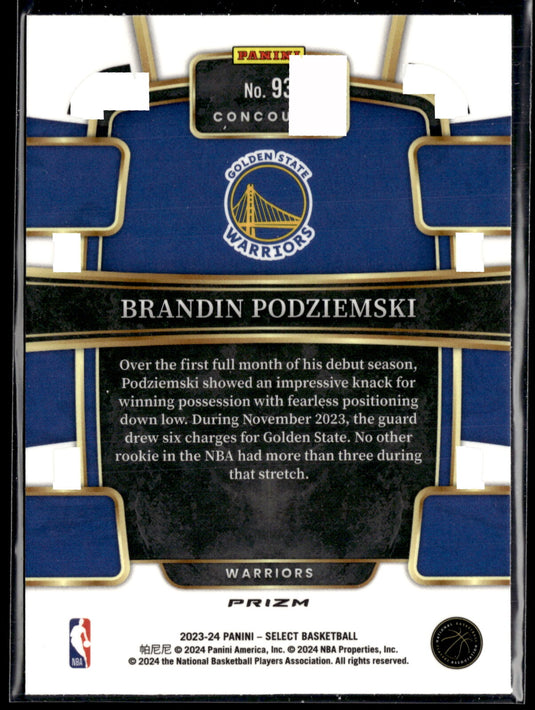 2023-24 Panini Select #93 Brandin Podziemski Silver Prizms