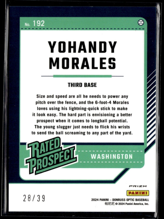 2024 Donruss #192 Yohandy Morales Optic Black Velocity Prizm #/39