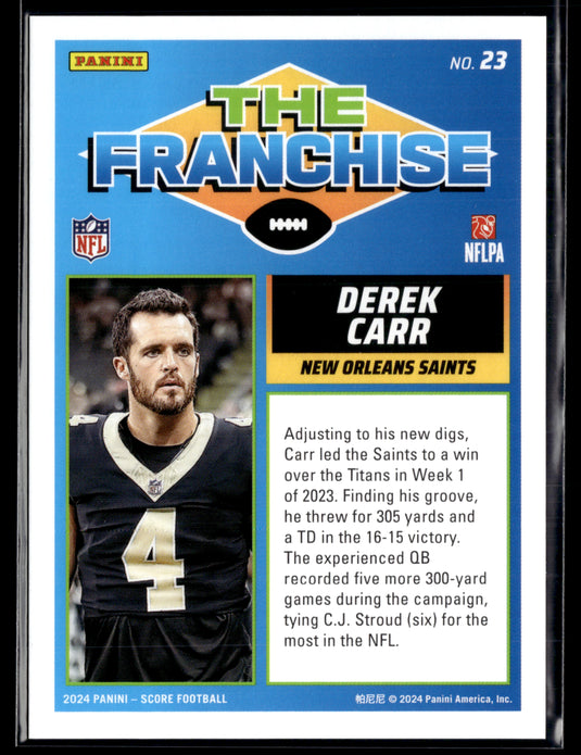 2024 Score #23 Derek Carr The Franchise Gold Zone #/50