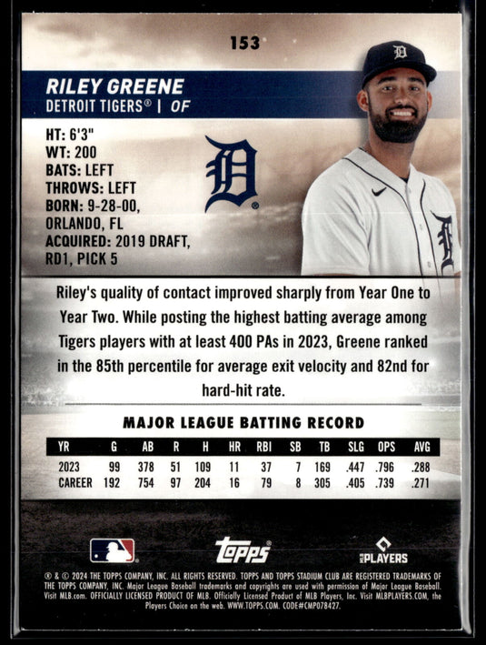 2024 Stadium Club #153 Riley Greene Red Foil