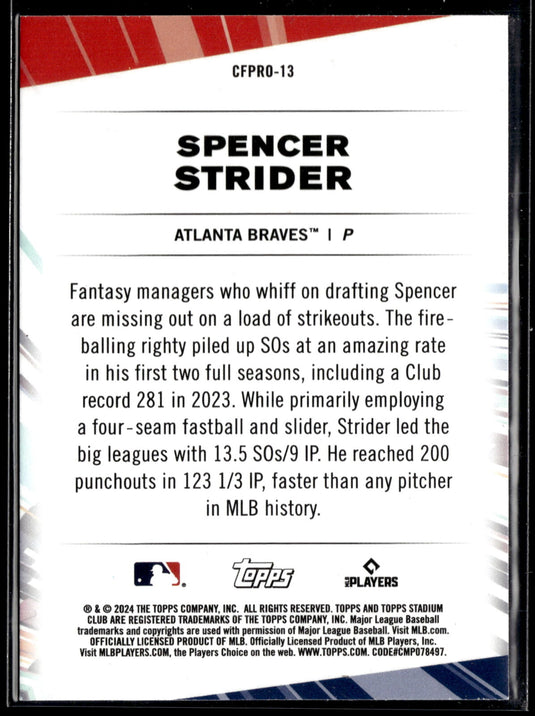 2024 Stadium Club #CFPRO-13 Spencer Strider Chief Fantasy Professionals