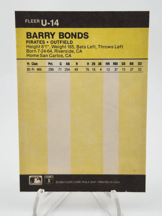 1986 Fleer Barry Bonds #U-14