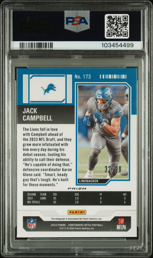 2023 Panini Contenders Optic #173 Jack Campbell Autograph-Teal PSA 8