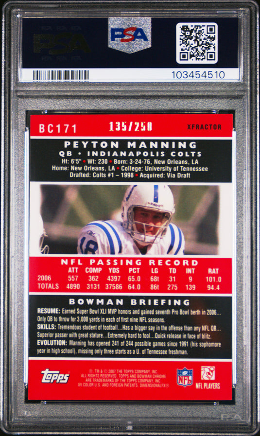 2007 Bowman Chrome #BC171 Peyton Manning Xfractor PSA 8