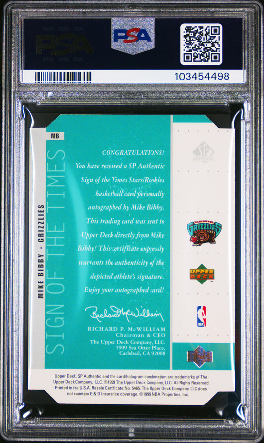 1998 Sp Authentic Sign Of The Times #MB Mike Bibby RC -Silver PSA 9 FRESH SLAB