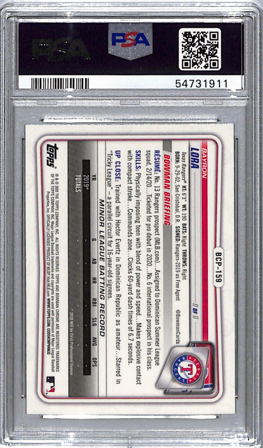 2020 Bowman Chrome Prospects Bayron Lora #BCP159 PSA 10