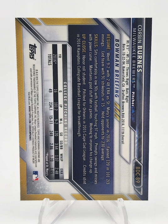 2016 Bowman Chrome Corbin Burnes #BDC-89 1st Bowman