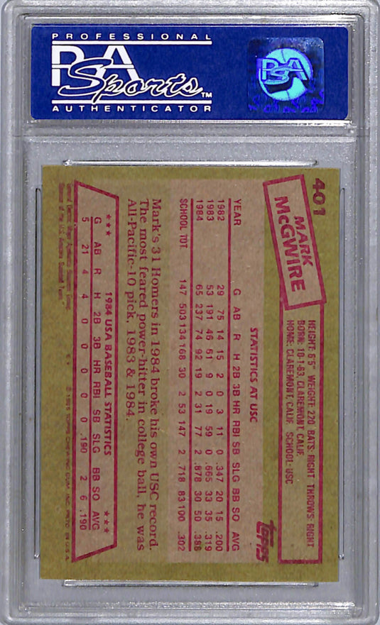1985 Topps Mark Mcgwire #401 1984 Usa Baseball Team PSA 8