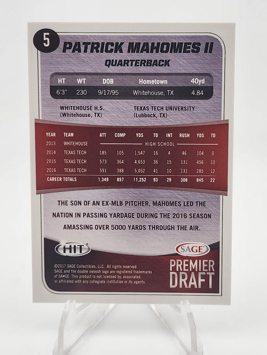 2013 Sage HIT Premier Draft Patrick Mahomes II #5