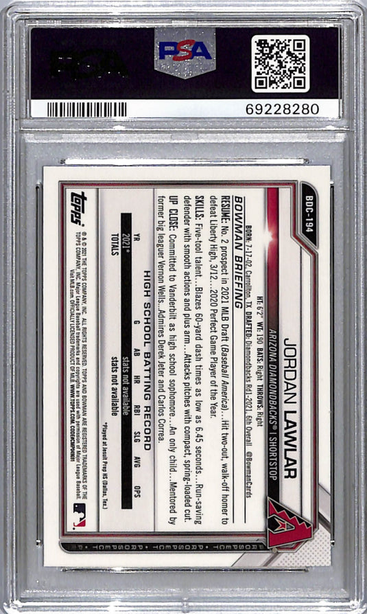 2021 Bowman Draft Chrome Sapphire Edition Jordan Lawlar #BDC194 PSA 10