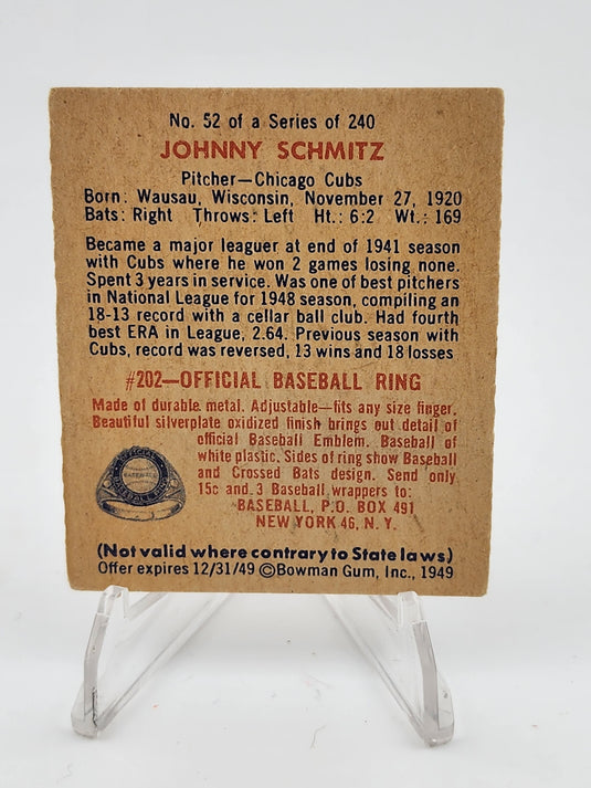 1949 Bowman Johnny Schmitz #202