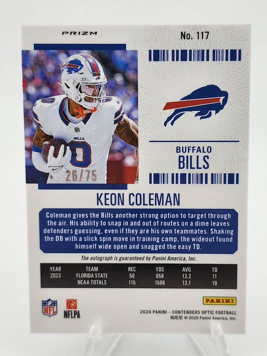 2025 Panini Contenders Optic Prizm Rookie Ticket Keon Coleman