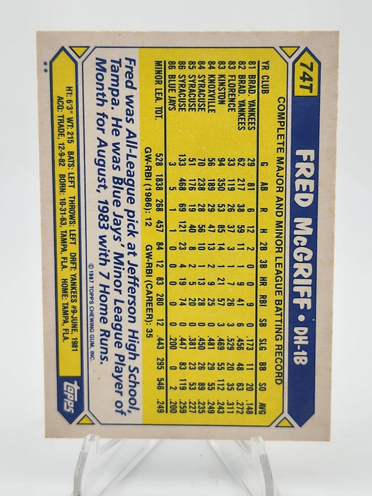 1987 Topps Fred McGriff #74T