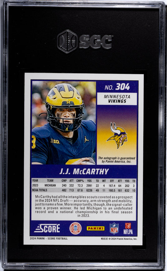 2024 Panini Score JJ Mccarthy #304 Smiley Face SGC 9 Auto 10